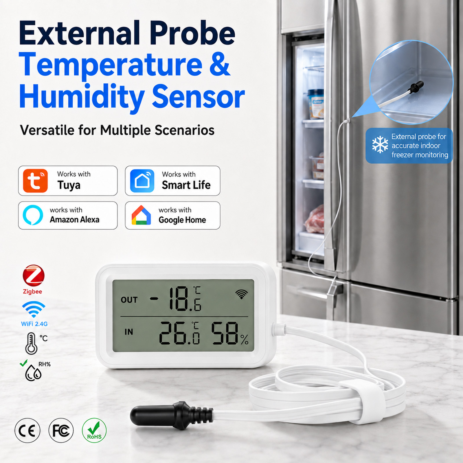 Digital Hygrometer Probe - เซ็นเซอร์วัดอุณหภูมิและความชื้นแบบกันน้ำภายนอก Tuya WiFi พร้อมหน้าจอ LCD สำหรับตู้เย็น