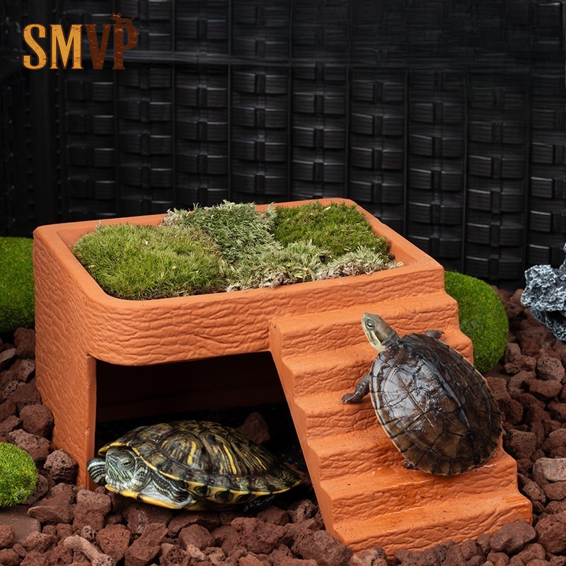 Hide Cave Ceramic - แท่นอาบแดดสำหรับเต่าในตู้ปลา ทำจากดินเผาธรรมชาติ พร้อมถ้ำซ่อนตัวสำหรับสัตว์เลื้อยคลาน มาพร้อมบันไดปีนป้องกันการลื่นไถล สำหรับเต่าน้ำ