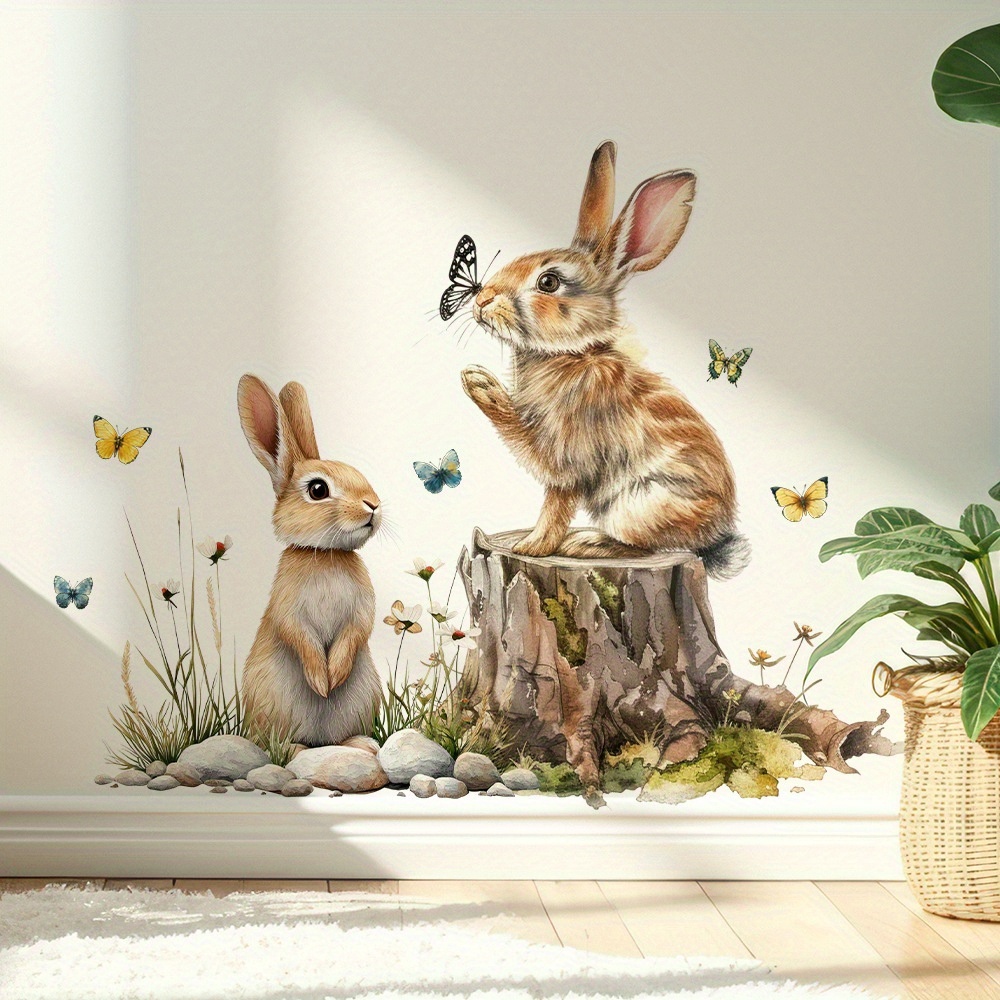 Pvc Panel Background - สติ๊กเกอร์ติดผนังลายธรรมชาติ สไตล์สีน้ำ ตอไม้ กระต่าย และผีเสื้อ สำหรับตกแต่งผนังบ้าน