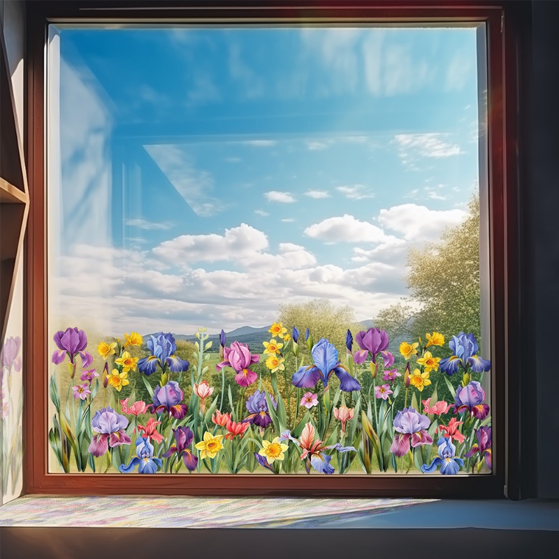 Pvc Panel Background - สีสันสวยงาม Iris ดอกไม้สติ๊กเกอร์ติดผนังสําหรับห้องนั่งเล่นกระจกหน้าต่างพื้นหลัง Self-กาวสติกเกอร์ตกแต่ง